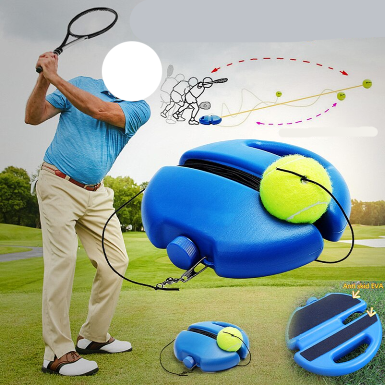 Composite image showing a person practicing tennis swings, a ball trajectory illustration, and a blue sports equipment case with compartments for self-training.