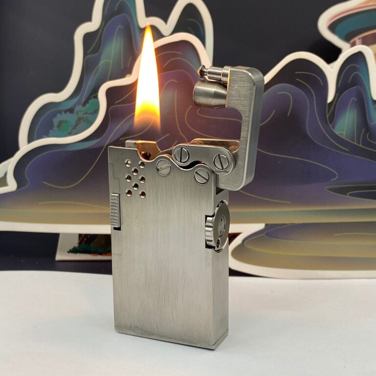 A metal lighter with an extended flame, set against an artistic backdrop featuring abstract wave patterns in shades of blue and purple