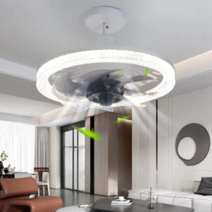 Contemporary ceiling fan with integrated circular LED light fixture in motion, mounted in a stylish living room with modern furniture and decor